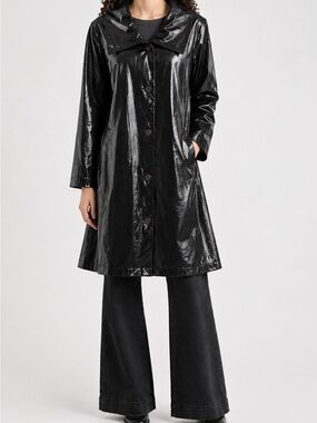 Linda Lundström Black Faux Leather Button-Up Coat | Made in Canada | Size 8